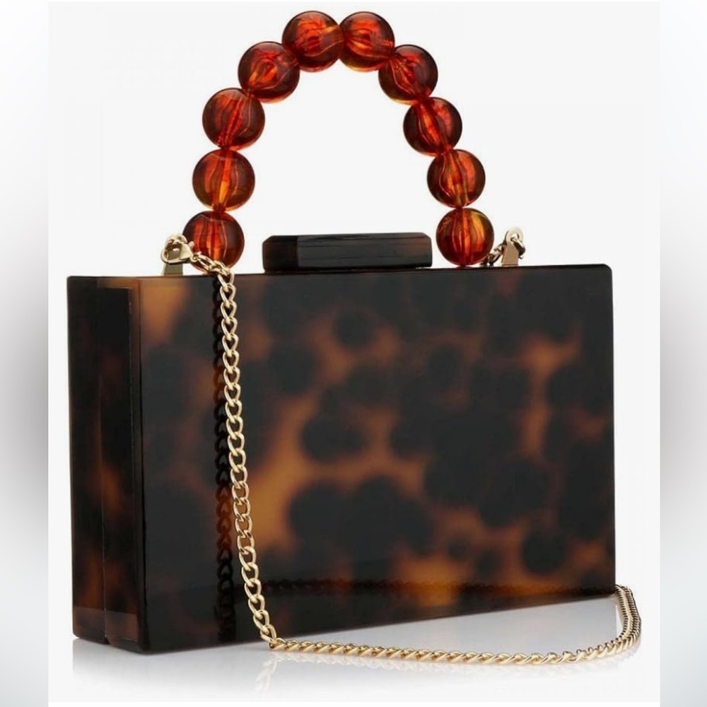 Tortoise Brown and black square top handle bag acrylic and gold crossbody strap
